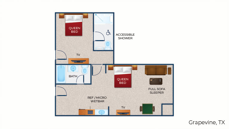 The floor plan for the accessible shower Grand Royal Bear Suite with balcony/patio